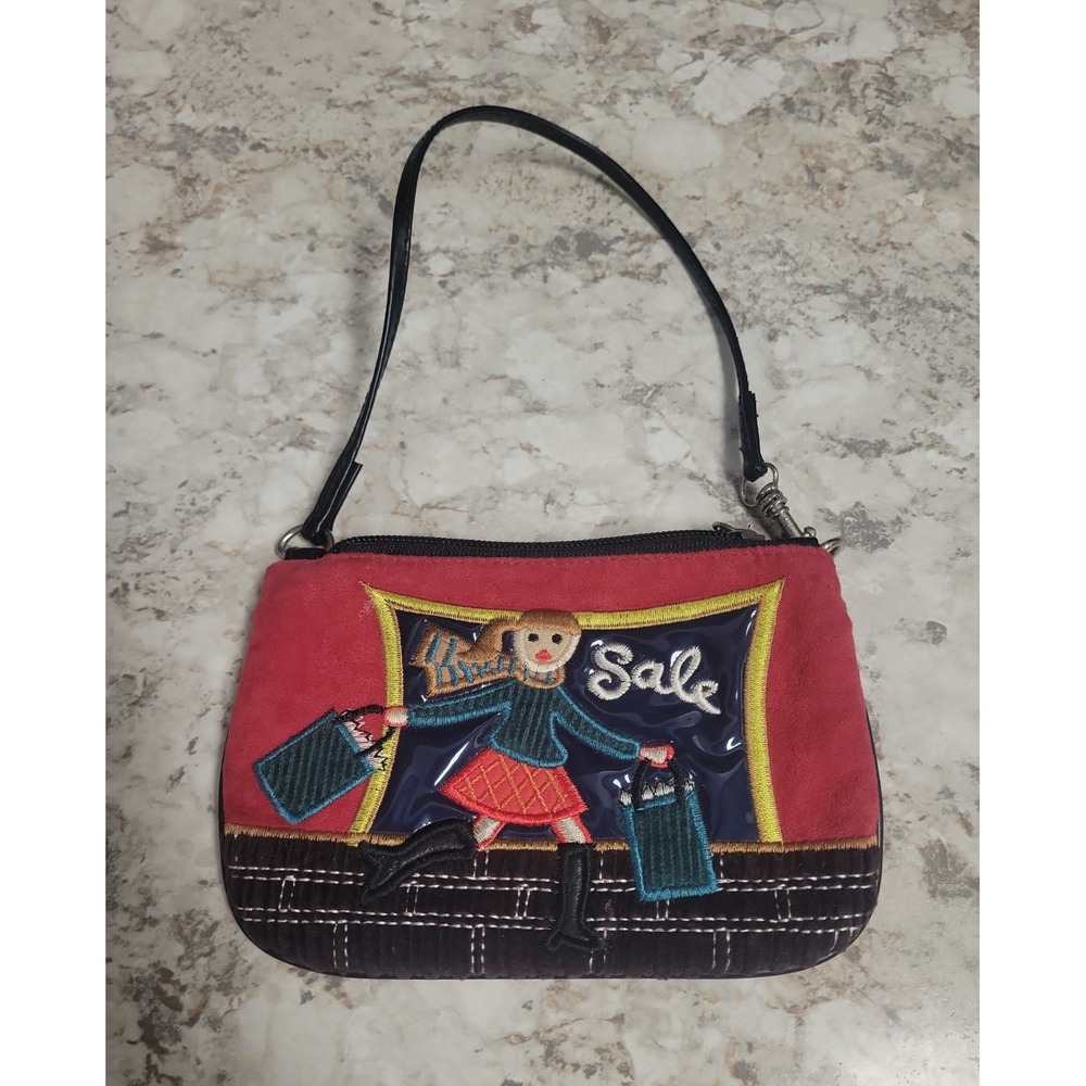 Novelty Shopping Girl Wristlet Coin Purse Red Embroidered Zip Pouch Cute Handbag